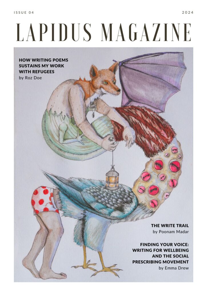 The cover of Lapidus Magazine issue 4 features cover art work by Poppy Drew. THe image shows a fantastical creature, with the head of a fox, various other animal-like body sections including a large purple wing, and at the end a pair of human feet. The creature snakes across the page in an S-shape.