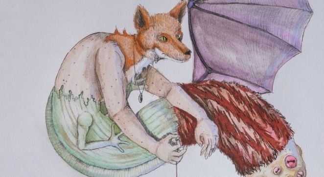 The cover of Lapidus Magazine issue 4 features cover art work by Poppy Drew. The image shows a section of the cover's fantastical creature, with the head of a fox, various other animal-like body sections including a large purple wing, and at the end a pair of human feet. The creature snakes across the page in an S-shape.