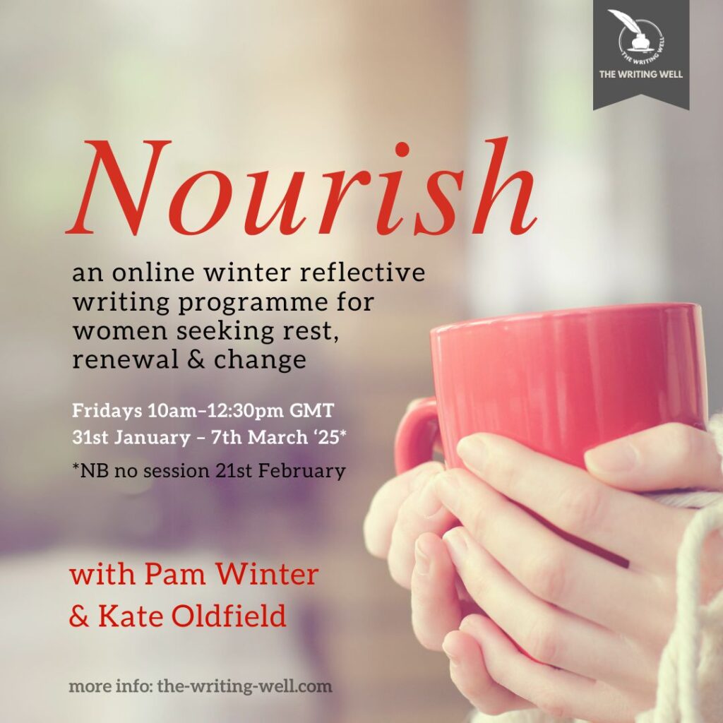 The image shows a white person's hands holding a red mug in front of a beige and white blurred background. Overlaid on the image is the text: "NOURISH: an online winter reflective writing programme for women seeking rest, renewal and change."